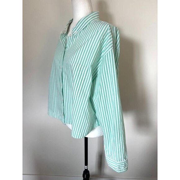 NWT AMERICAN EAGLE Top Size XL Long Sleeve Green White Striped Contrasting Cuffs - Picture 7 of 10